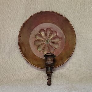 Copper & Wood Candle Holder Vintage Hammered Flower MCM Modern Farmhouse Country